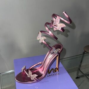 Liliana Metallic Pink Spiral Heels with Butterfly Accents